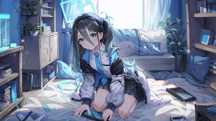 蓝发双马尾少女跪坐房间蓝白清新动漫电脑壁纸