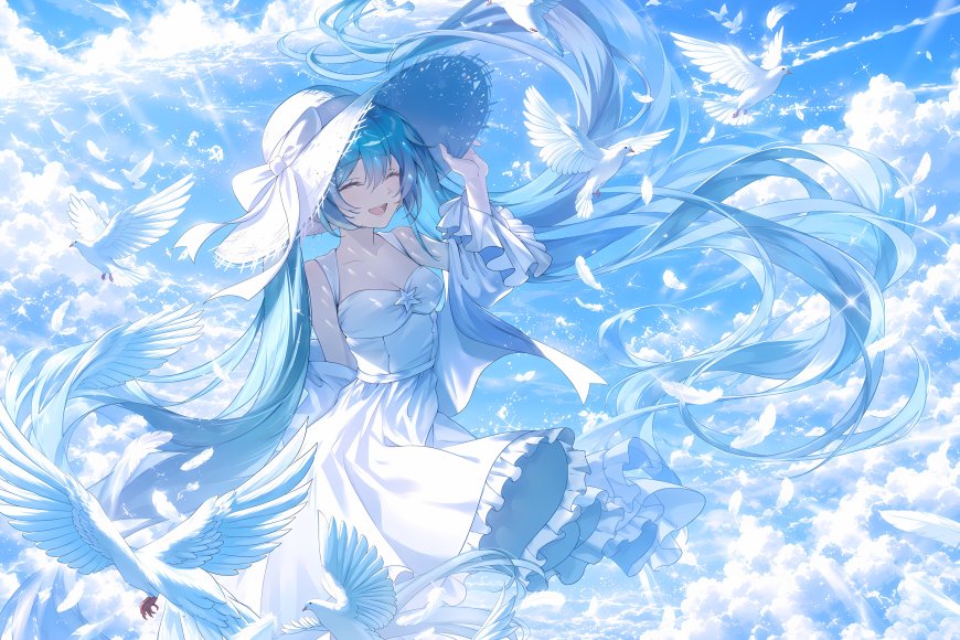 初音未来蓝发白裙微笑飞翔白鸽环绕蓝白唯美动漫电脑壁纸