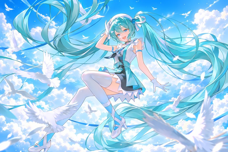 初音未来蓝发飞扬白鸽环绕蓝天白云动漫电脑壁纸