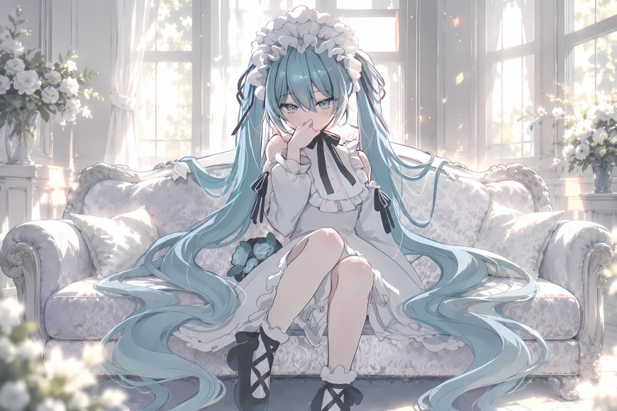 初音未来蓝发花环白裙少女坐沙发柔光动漫电脑壁纸