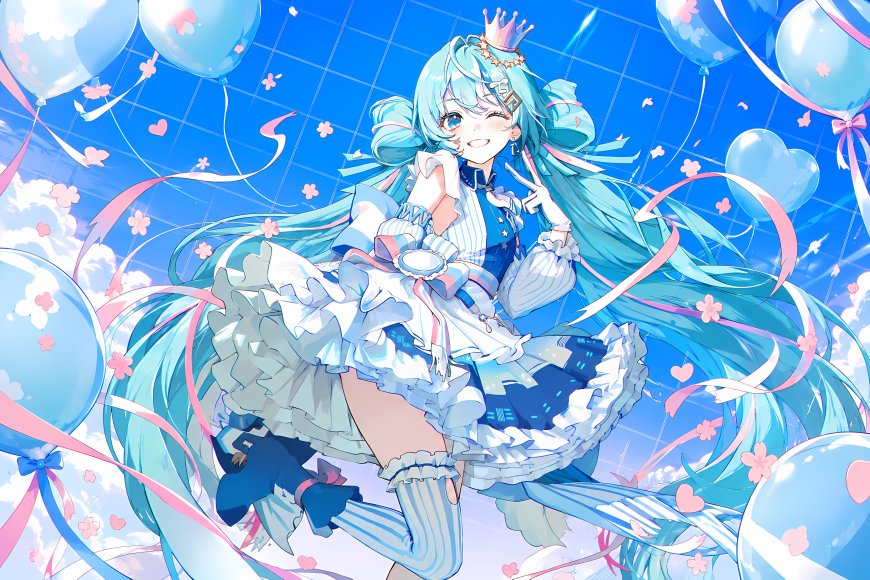 初音未来蓝发皇冠礼服少女气球飘带粉蓝动漫电脑壁纸