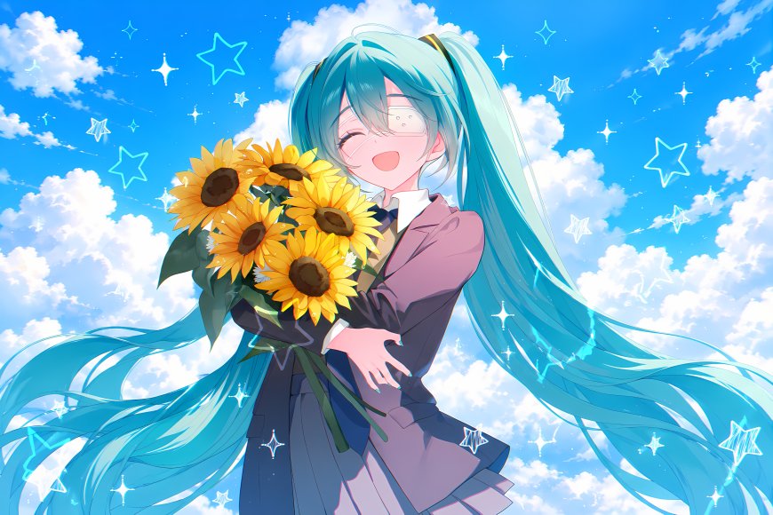 初音未来蓝发少女怀抱向日葵蓝天白云星芒动漫电脑壁纸