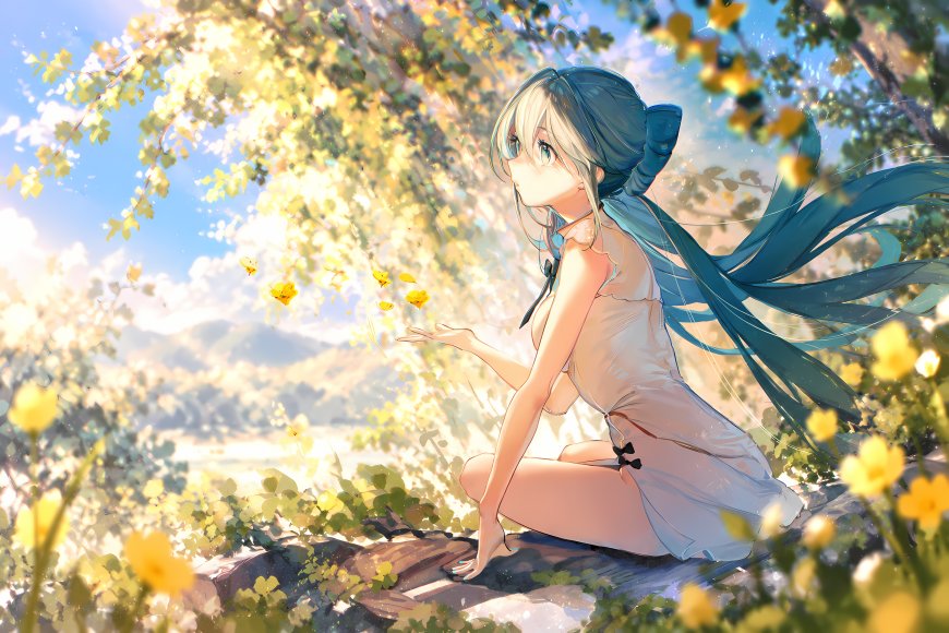 初音未来蓝发少女坐石赏花暖金动漫电脑壁纸