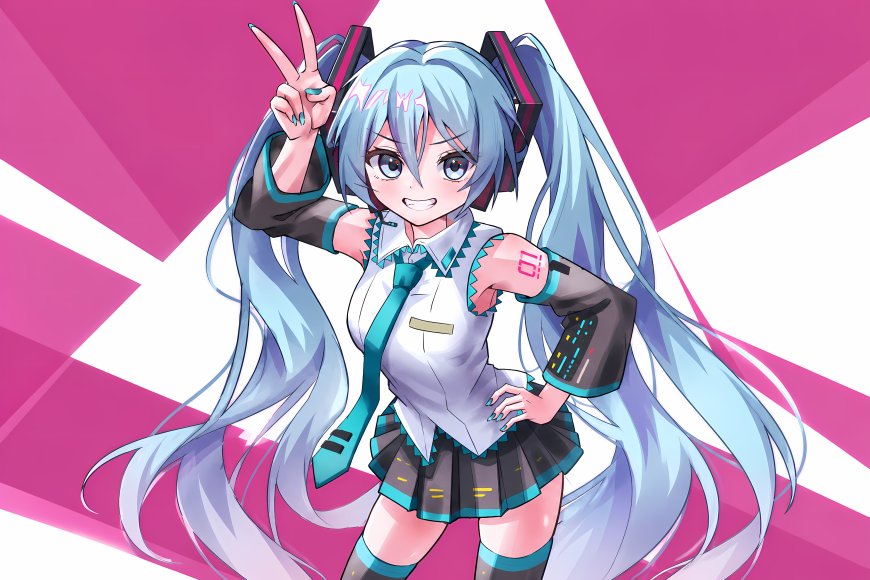 初音未来蓝发双马尾比耶手势粉白背景动漫电脑壁纸