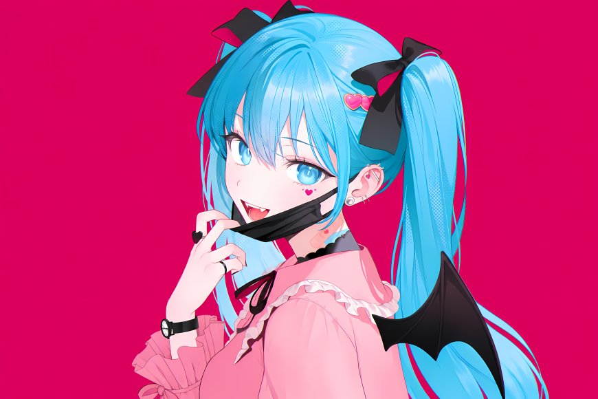 初音未来蓝发双马尾黑蝴蝶结粉衣少女动漫电脑壁纸