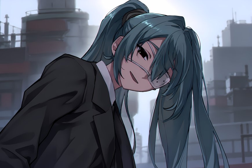 初音未来蓝发双马尾黑西装城市背景灰蓝动漫电脑壁纸