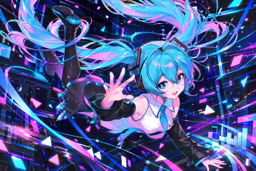初音未来蓝发双马尾霓虹赛博空间伸手姿态粉紫蓝动漫电脑壁纸