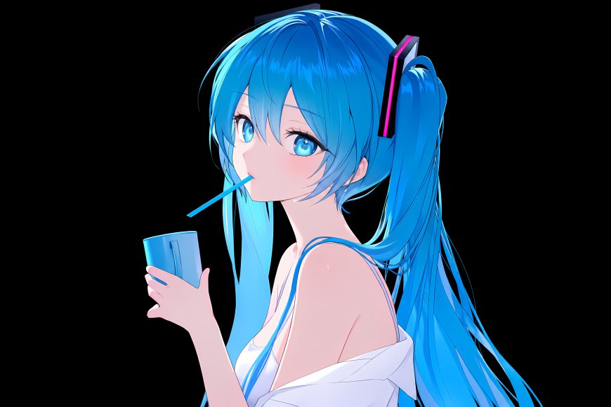 初音未来蓝发双马尾少女手持蓝色杯子吸管饮用蓝白动漫电脑壁纸