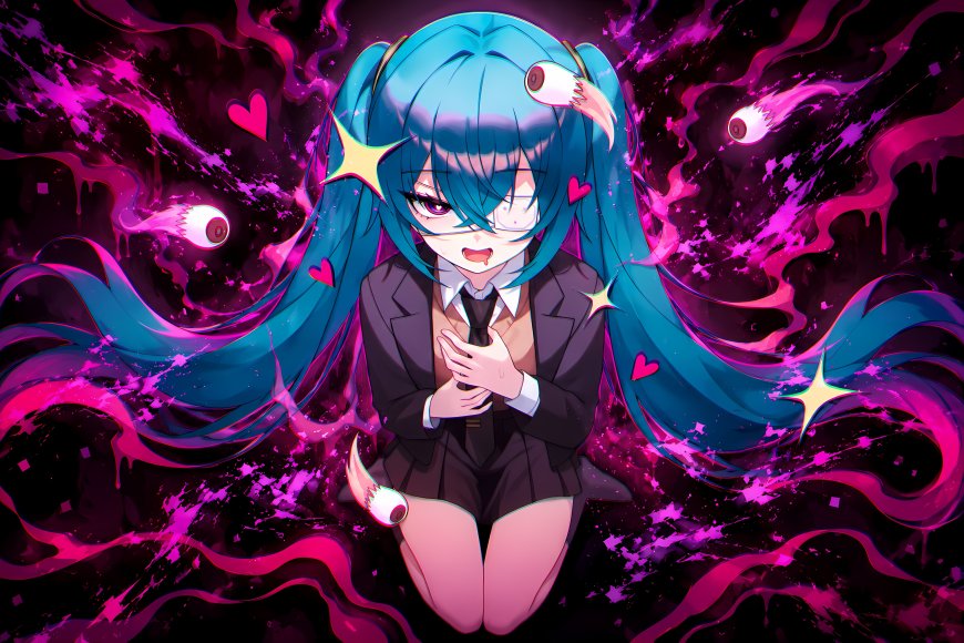 初音未来蓝发双马尾校服少女紫黑炫光动漫电脑壁纸