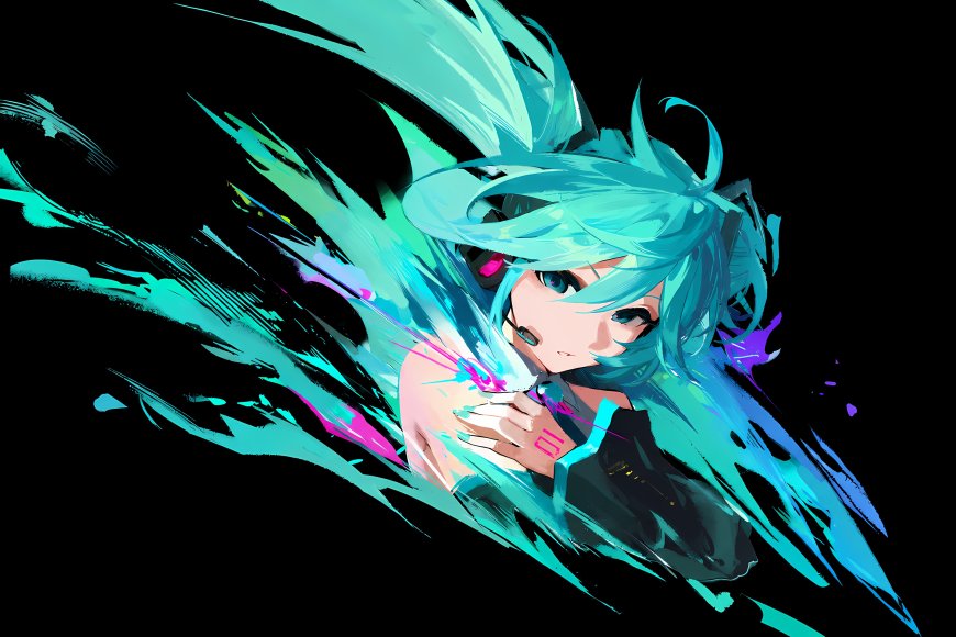 初音未来青发飞扬手持麦克风蓝紫炫光动漫电脑壁纸