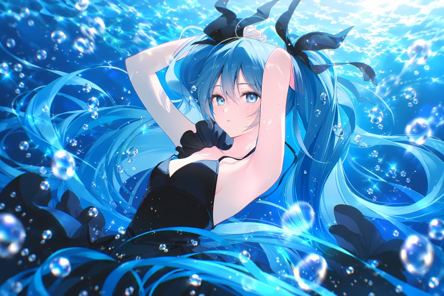 初音未来水下蓝发双马尾少女清澈蓝白动漫电脑壁纸
