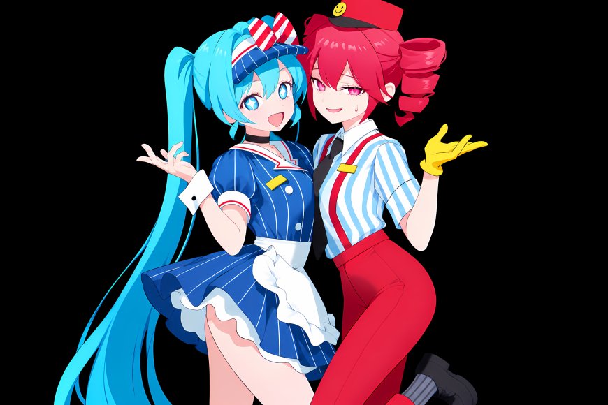 初音未来与红发女仆角色蓝红配色动漫电脑壁纸