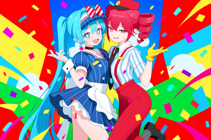 初音未来与红发少女双人欢庆彩屑飞舞蓝红黄炫彩动漫电脑壁纸