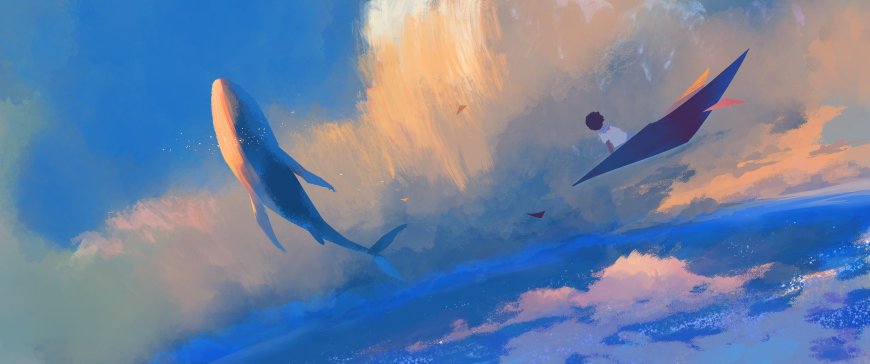 蓝鲸跃出海面少年乘翼飞翔蓝橙梦幻插画创意电脑壁纸