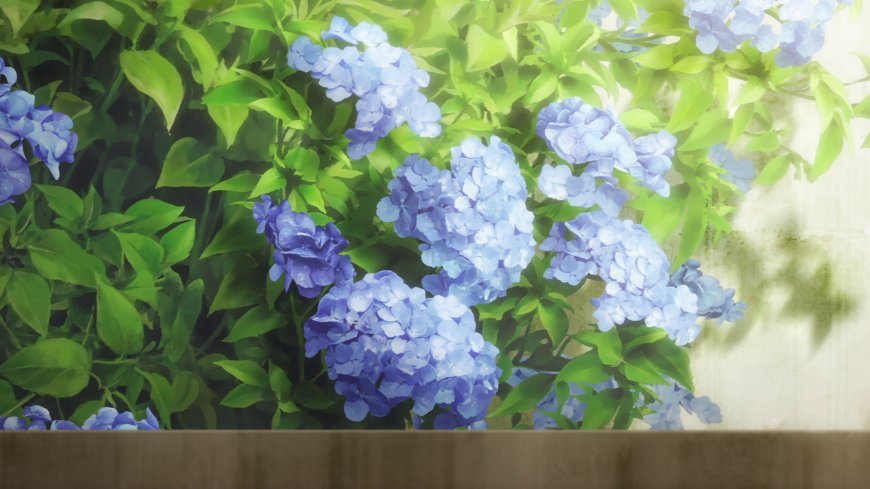 蓝色绣球花簇拥绿叶清新动漫插画电脑壁纸