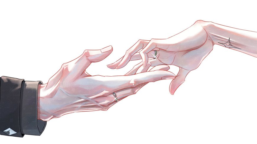 两只戴戒指的手即将相触白色背景线条感插画电脑壁纸