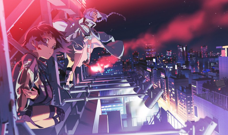 赛博朋克都市夜景双少女跃动紫红动漫电脑壁纸