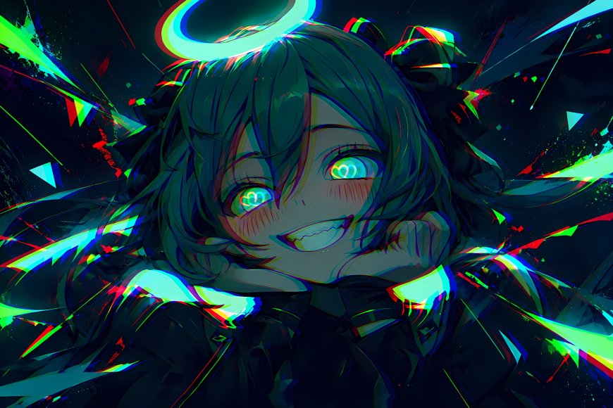 赛博朋克风格初音未来绿发少女心形瞳孔霓虹光效动漫电脑壁纸