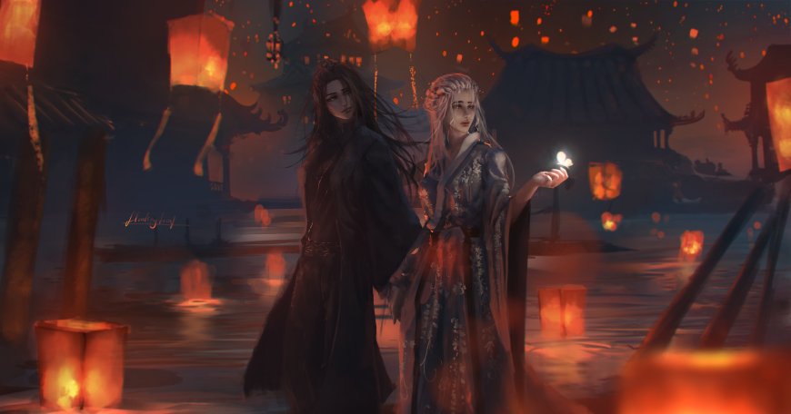 天官赐福花城和谢怜古风同人携手河畔灯笼夜景暖橙动漫电脑壁纸