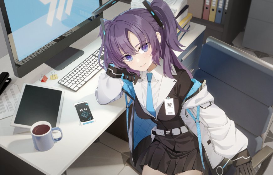 蔚蓝档案早濑优香紫发蓝瞳少女办公室托腮微笑蓝白动漫电脑壁纸