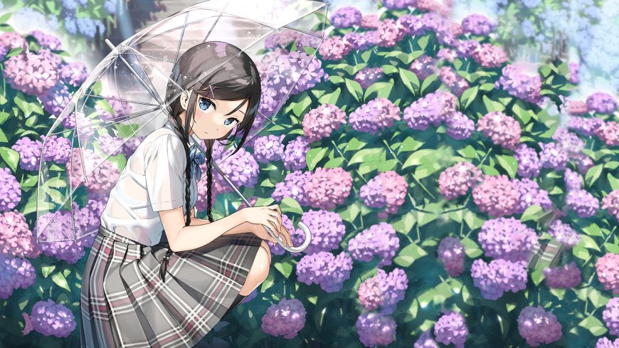 紫阳花丛中双马尾少女持透明伞蓝眸校服动漫电脑壁纸