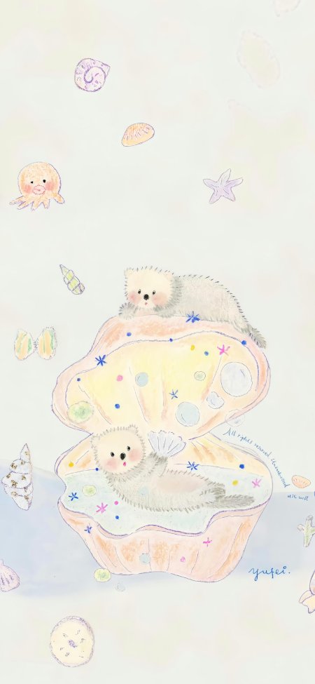 可爱海獭躺贝壳中海星贝壳水彩风粉蓝卡通手机壁纸