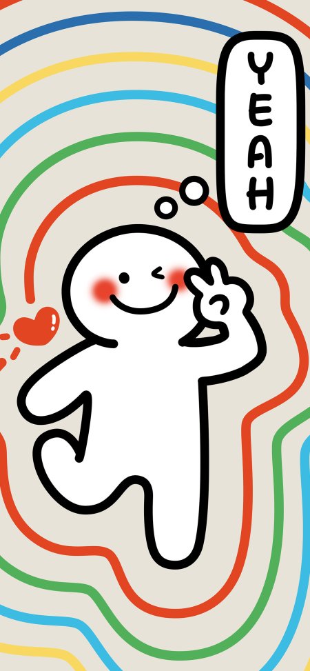 可爱简笔小白人比耶微笑彩虹波浪背景粉彩插画手机壁纸