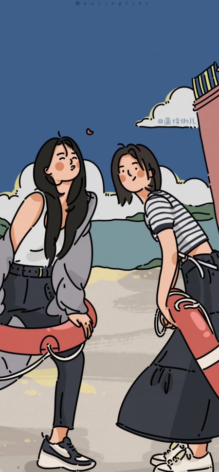 两位黑发少女海边互动脸颊泛红蓝白清新动漫手机壁纸