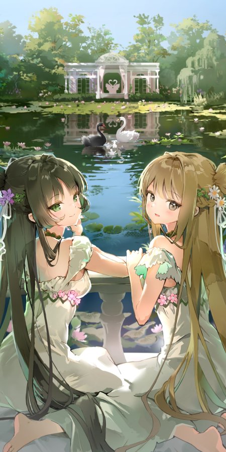 两位绿眸少女湖畔对坐白裙花饰清新唯美动漫手机壁纸