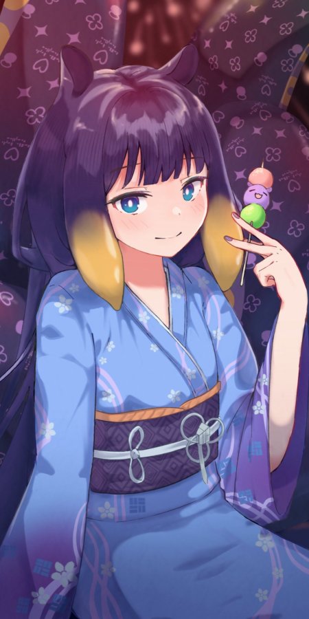 hololive 一伊那尓栖猫耳少女蓝衣和服手持团子紫粉唯美动漫手机壁纸