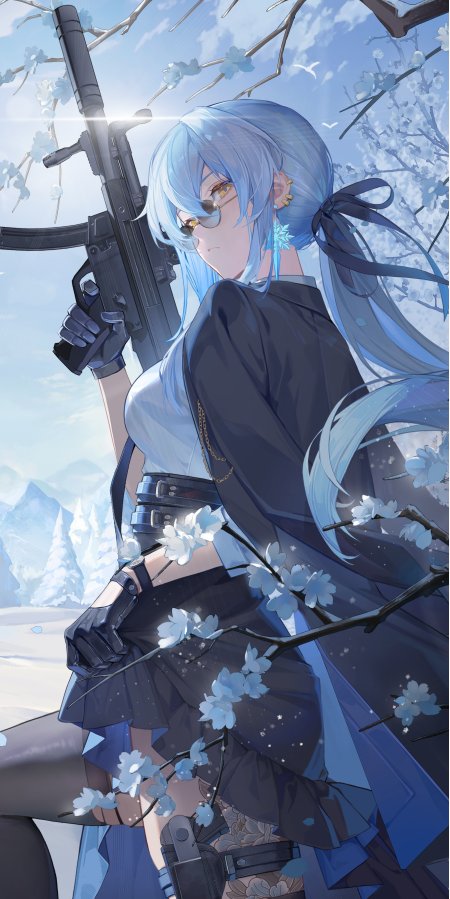 尘白禁区里芙蓝发持枪樱花雪景游戏原画手机壁纸
