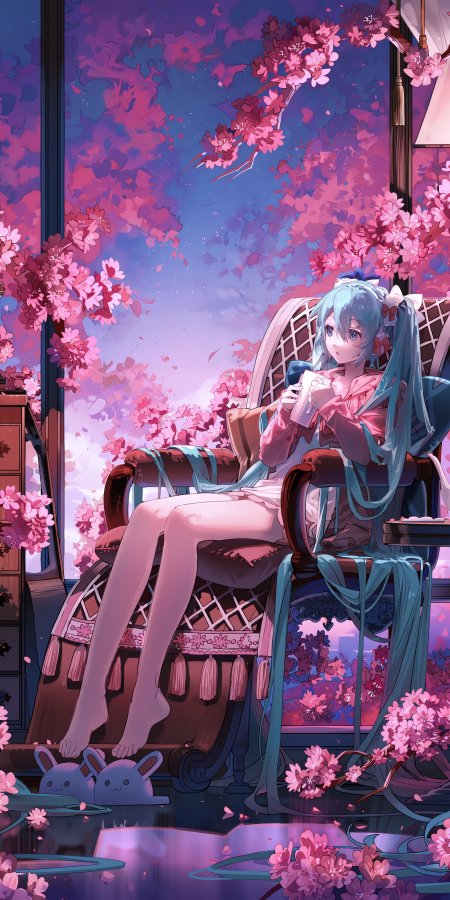 初音未来樱花庭院坐姿少女粉紫梦幻动漫手机壁纸
