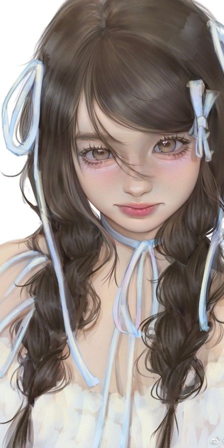 动漫少女棕发双麻花辫蓝白蝴蝶结柔光唯美手机壁纸