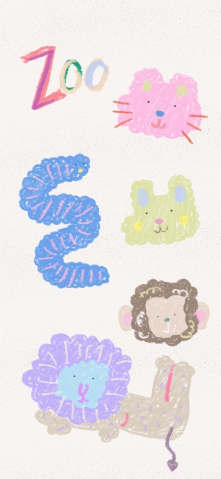 动物园彩色蜡笔画风格萌宠动物插画童趣手绘手机壁纸