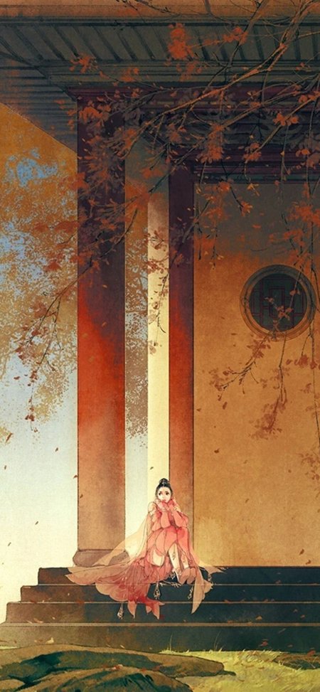 古风少女红裙坐阶秋叶飘落暖橙唯美插画手机壁纸