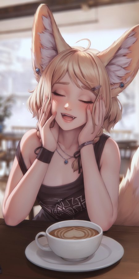 狐耳少女闭眼微笑捧脸咖啡厅暖金动漫手机壁纸