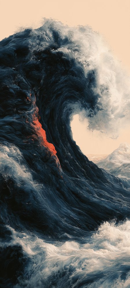 巨浪翻涌熔岩裂隙深蓝白橙奇幻插画手机壁纸