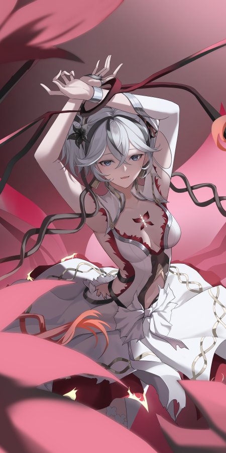 鸣潮椿银发蓝眼少女红白战衣粉紫动漫手机壁纸