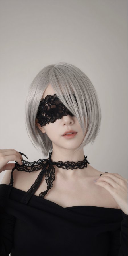 尼尔机械纪元2B银发黑蕾丝眼罩美女cosplay人物摄影手机壁纸