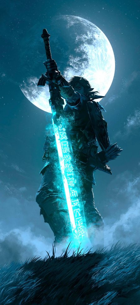 塞尔达传说林克持大师之剑月夜蓝光奇幻动漫手机壁纸