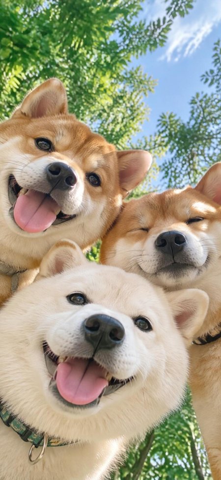 三只柴犬狗狗微笑自拍绿荫蓝天萌宠手机壁纸