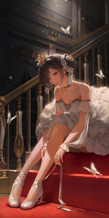 少女白裙皇冠红毯阶梯蝴蝶光影唯美插画手机壁纸
