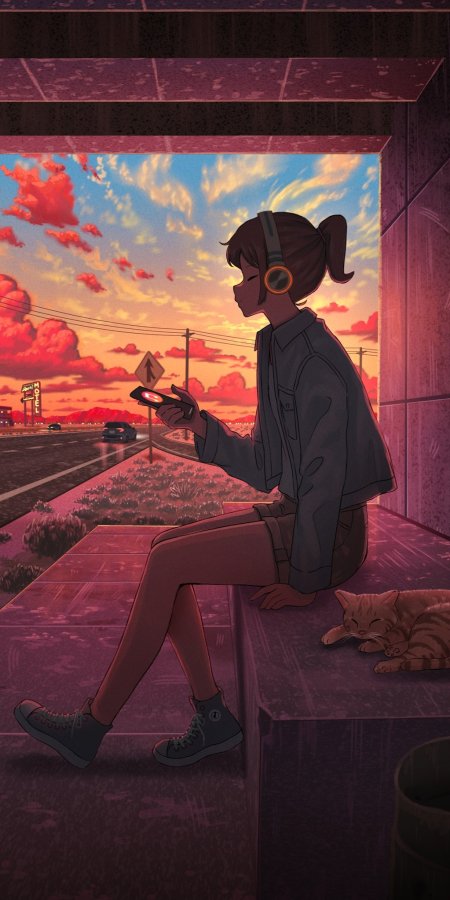 少女戴耳机看手机路边猫伴身旁粉紫暖调动漫手机壁纸