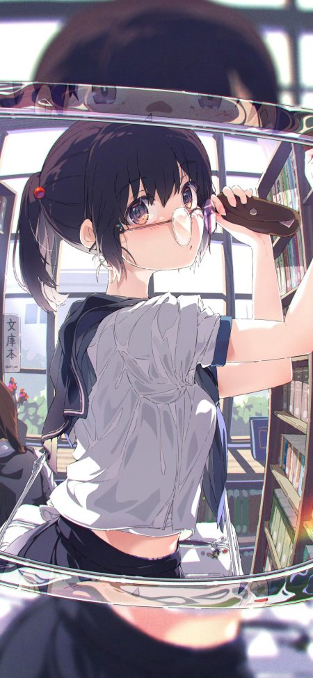 少女黑发双马尾戴眼镜图书馆取书粉紫柔光动漫手机壁纸