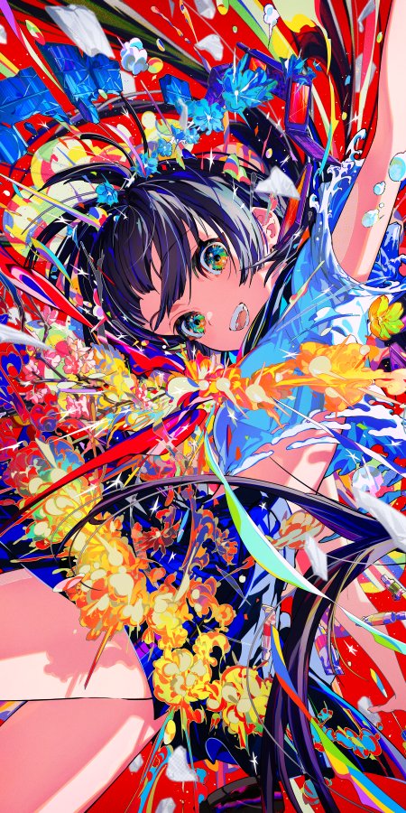 少女黑发绿眸花海飞溅炫彩奇幻动漫手机壁纸