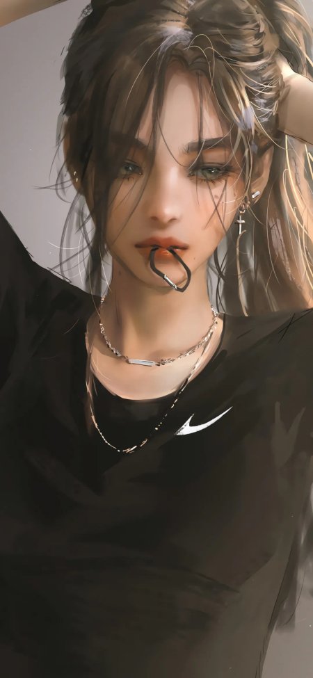 少女黑衣银链唇环灰棕发色唯美插画手机壁纸