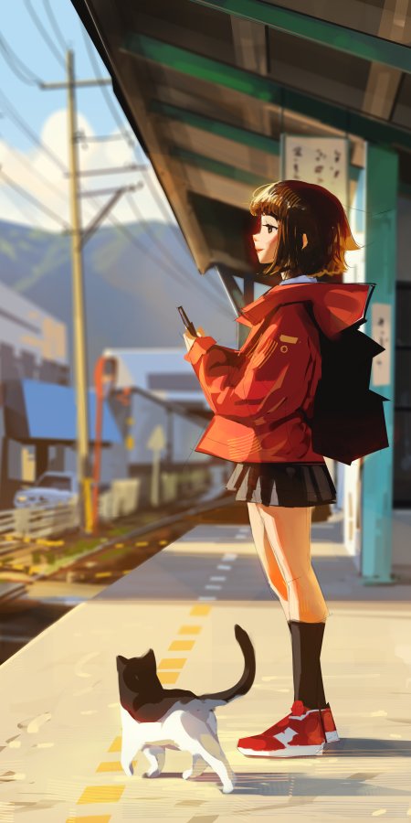少女红衣黑裙车站等车暖金动漫手机壁纸