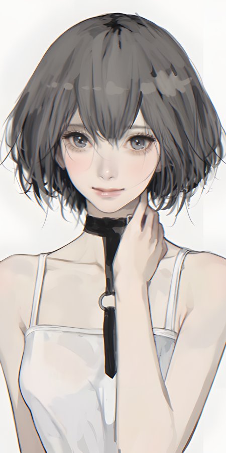 少女灰短发蓝眸白裙黑颈饰柔光唯美动漫手机壁纸