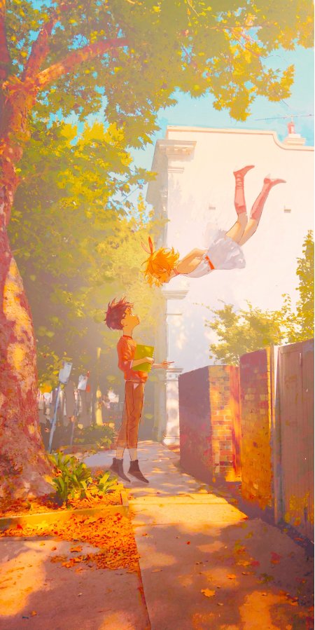 少女空中翻转少年仰望暖金唯美插画手机壁纸