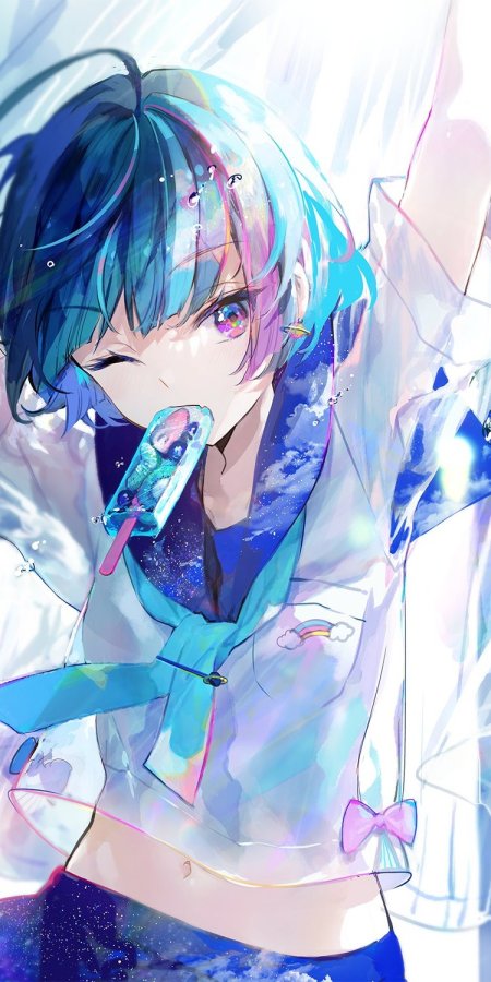 少女蓝紫渐变短发吃冰棒梦幻粉蓝动漫手机壁纸
